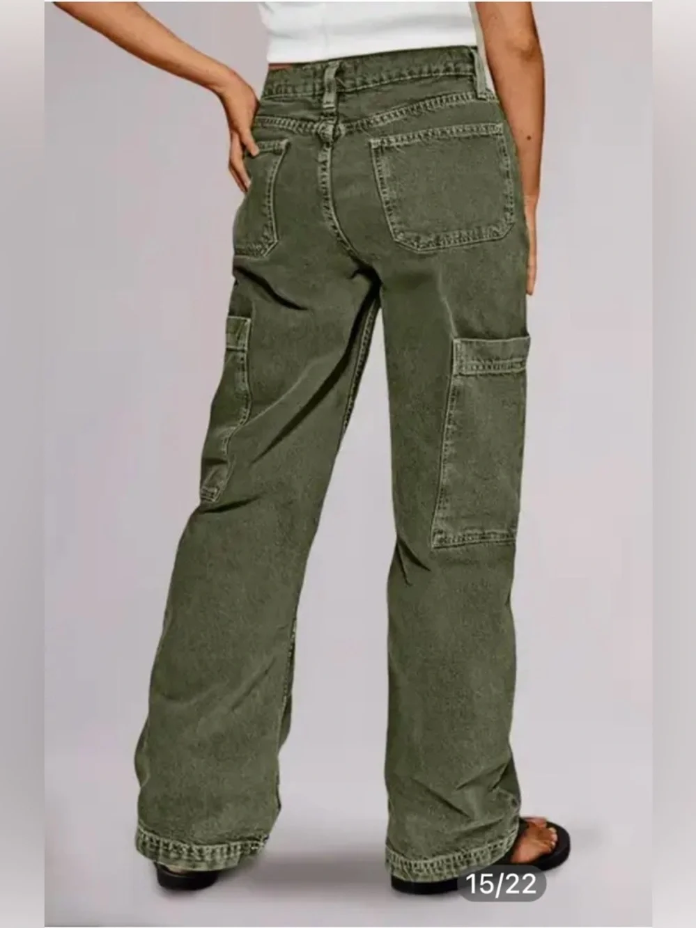Flamingals Army Green Mid Rise Straight Leg Cargo Jeans